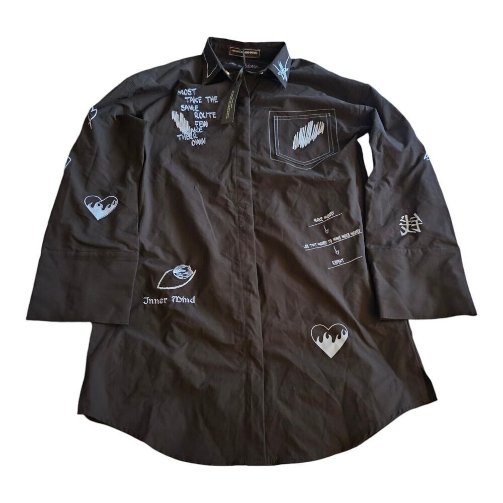 Maniere De Voir Black Blue Graffiti Japanese Kimono Inspired Shirt Dress 8